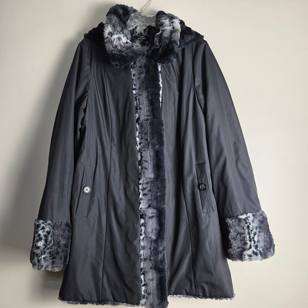 Dennis by Dennis Basso Reversible Faux Fur Hooded Coat Black Snow Leopard Large